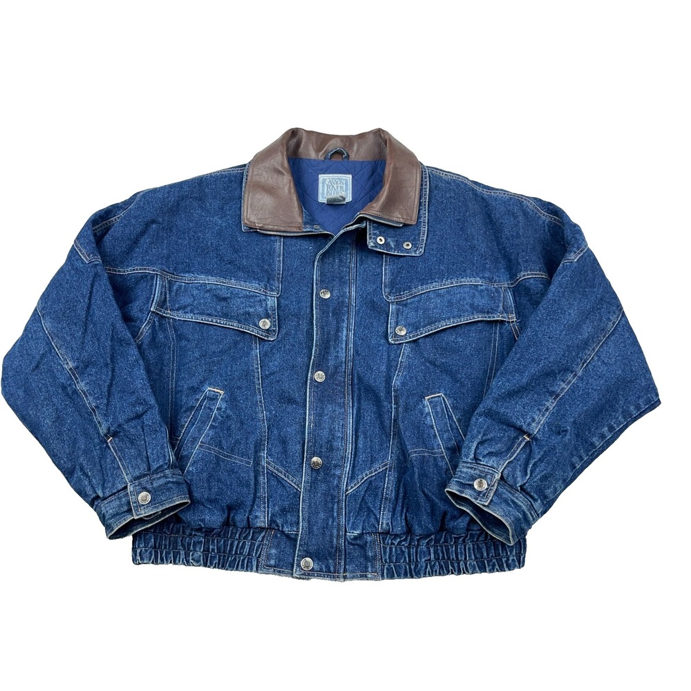 Vintage Canyon River Blues Denim Jacket Men XL Quilt Lined Leather Collar Bomber
